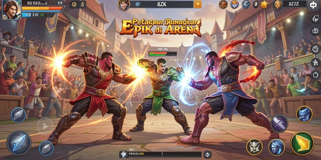 Screenshot utama menampilkan pertarungan epik antara dua karakter di arena.