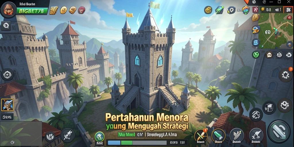 Screenshot permainan BIGBET78 dengan tampilan menara yang sedang bertahan.