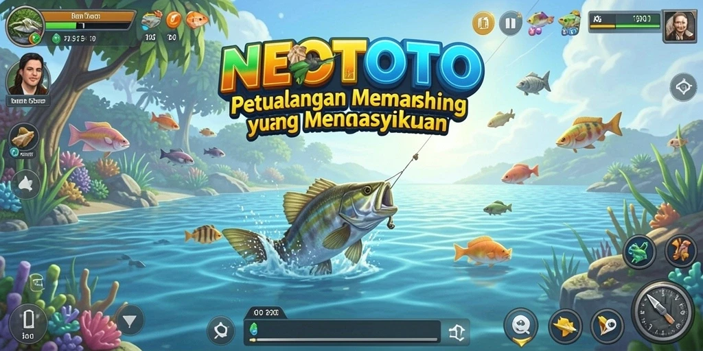 Screenshot gameplay NEOTOTO menampilkan petualangan memancing yang seru.