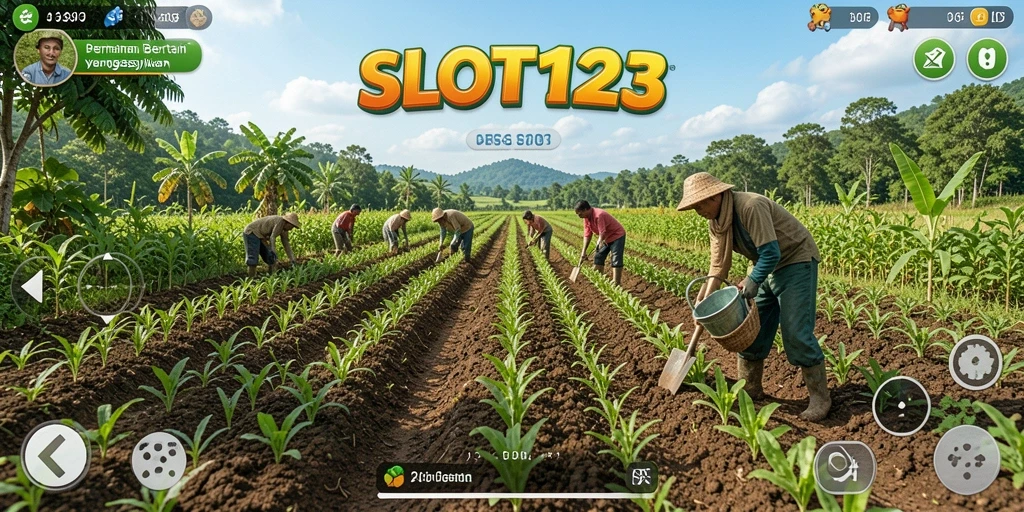Tampilan menarik dari gameplay SLOT123 yang menampilkan ladang dan hewan ternak.