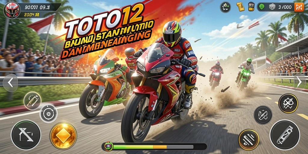 Tampilan gameplay menegangkan dari TOTO12 dengan balapan motor yang seru.