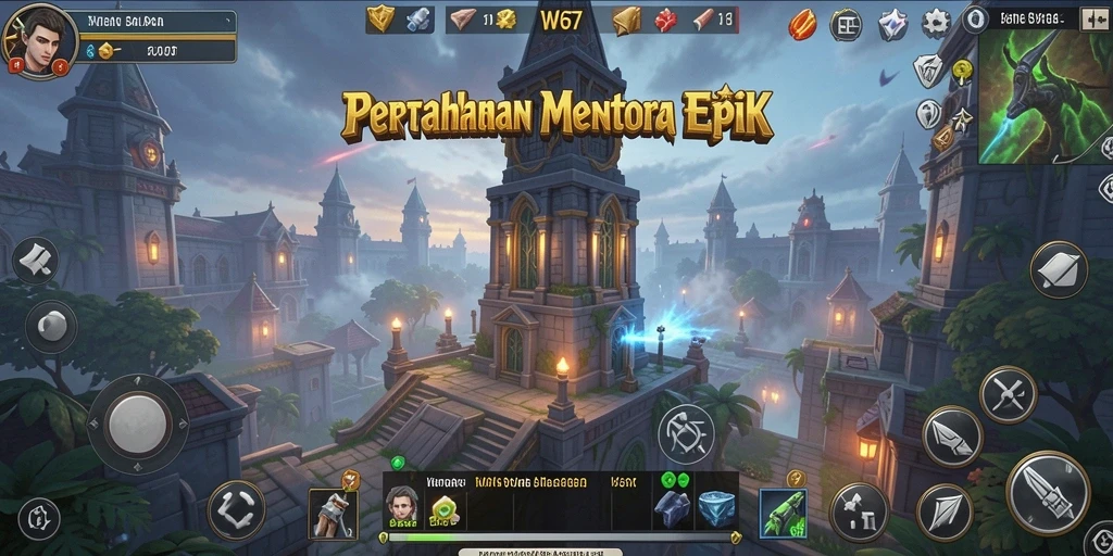 Gameplay W67 menampilkan menara berstrategi melawan gelombang musuh.